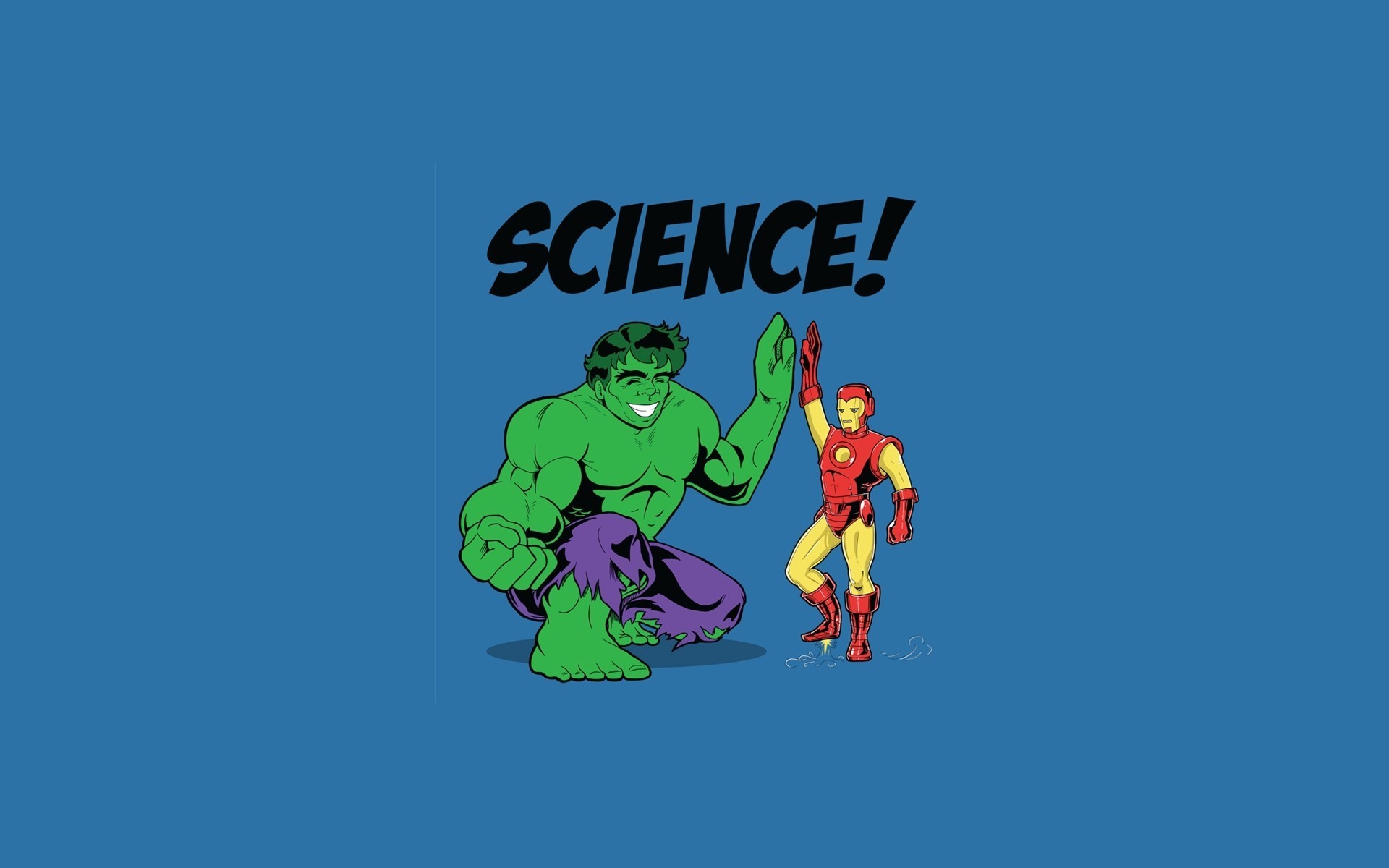 Hulk and Iron Man from Marvel Comics giving a high five with "SCIENCE!" text HD Wallpaper