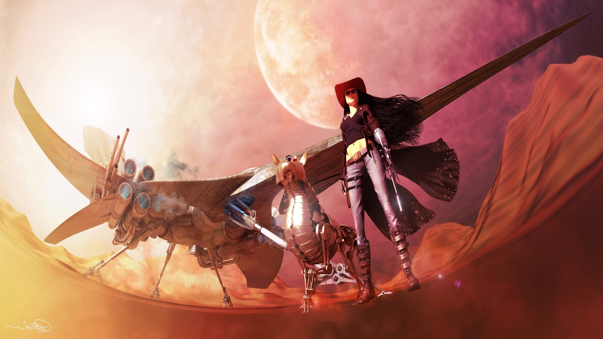 Steampunk woman and mechanical dog with futuristic aircraft HD Wallpaper