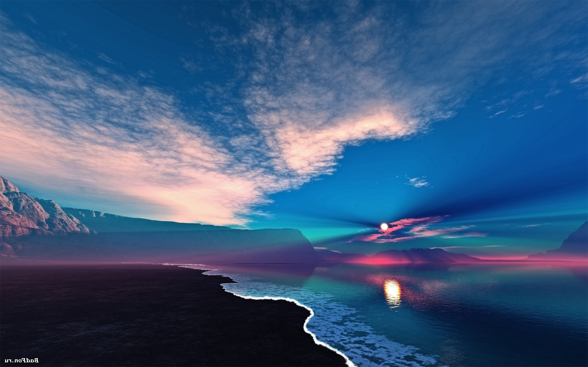 Digital art of a colorful sunset over the sea HD Wallpaper