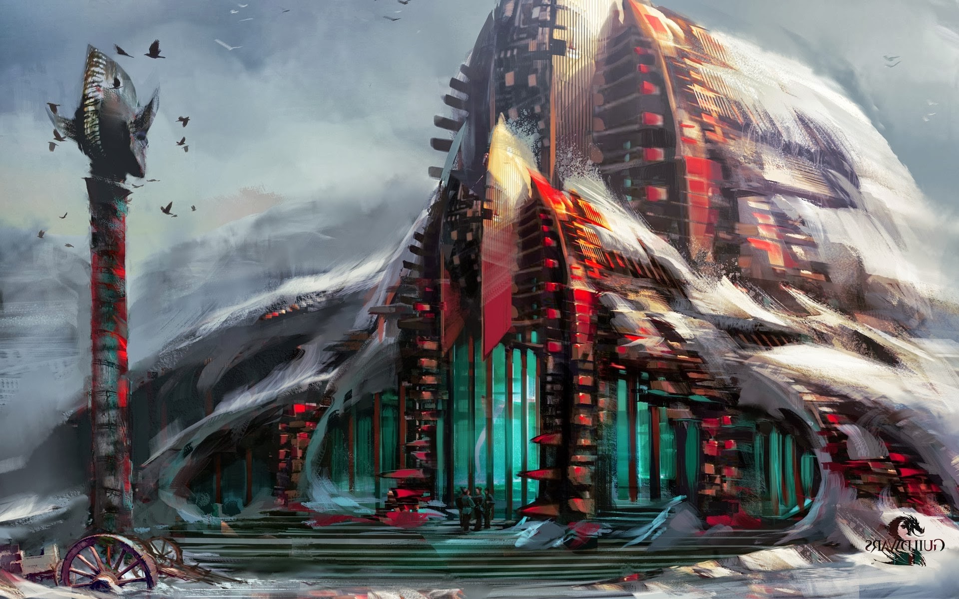 Guild Wars 2 concept art of a fantasy building in snow HD Wallpaper