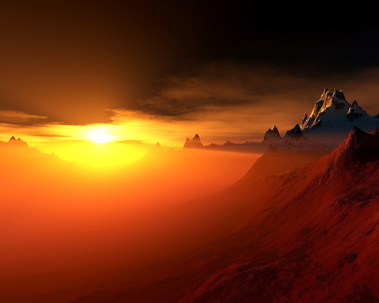 Mountain landscape with sunset and snow-capped peaks HD Wallpaper