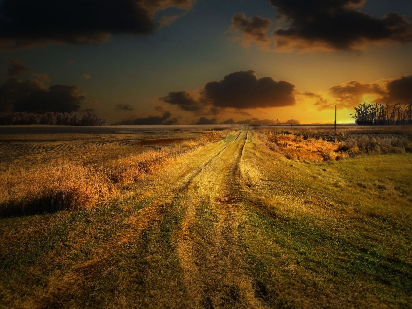 Dirt road through a field at sunset HD Wallpaper