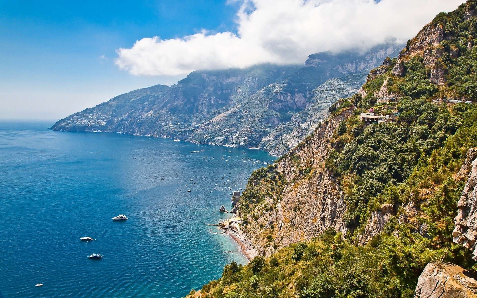 Amalfi Coast Italy with Yachts and Mountains HD Wallpaper