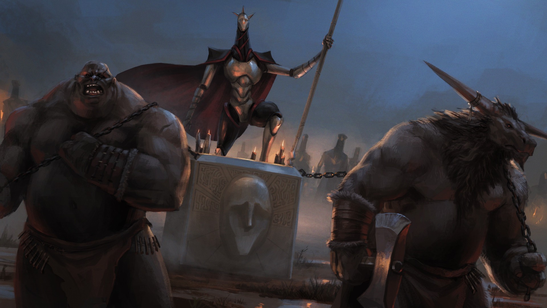 Endless Legend: Minotaurs and a robotic figure HD Wallpaper