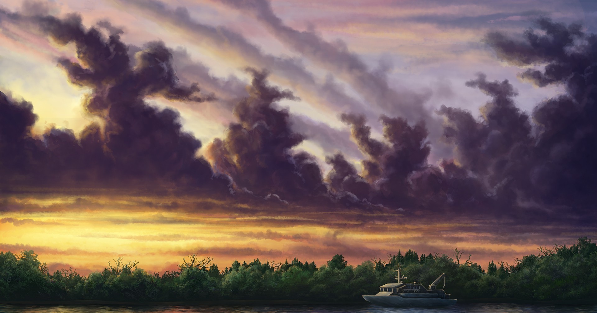 Dramatic sunset over a forest and river with a boat HD Wallpaper