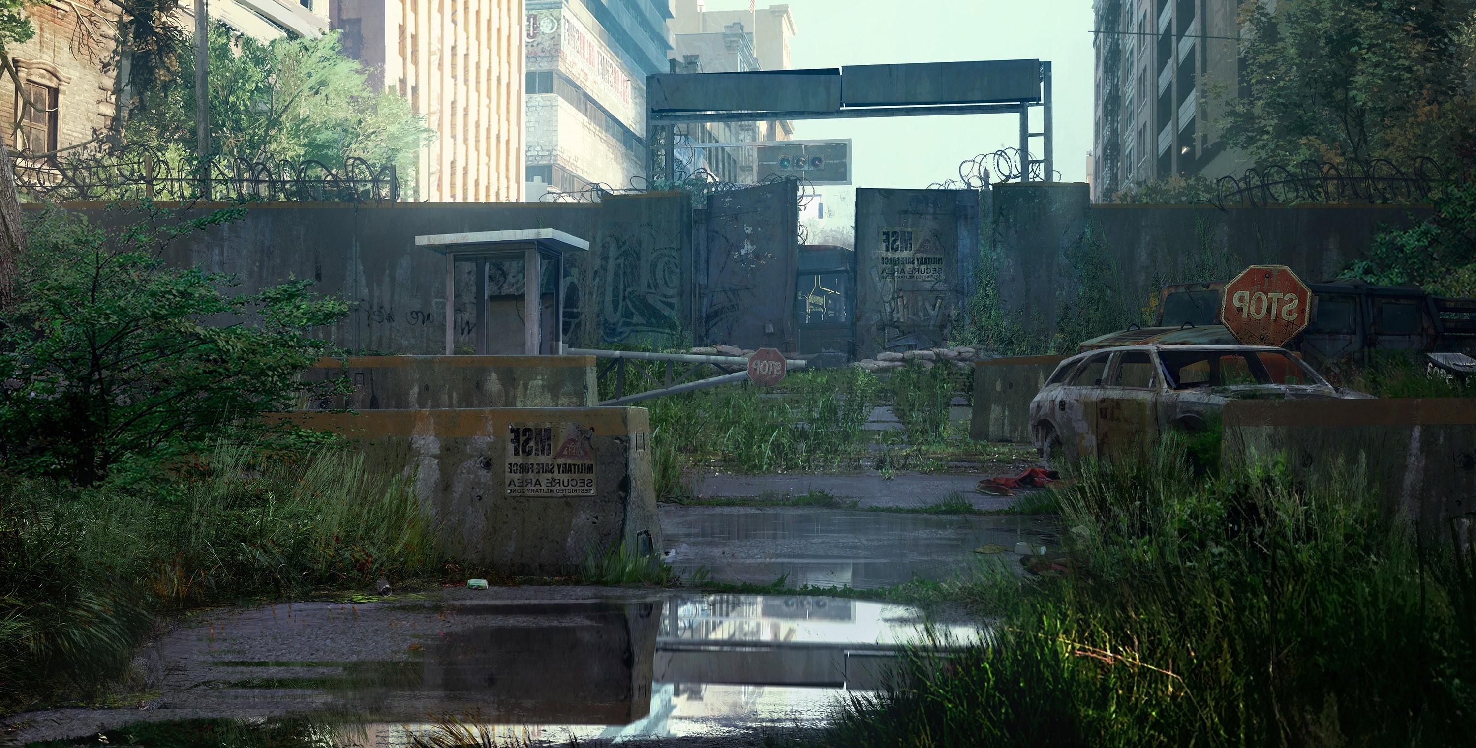 The Last of Us concept art of an abandoned checkpoint HD Wallpaper