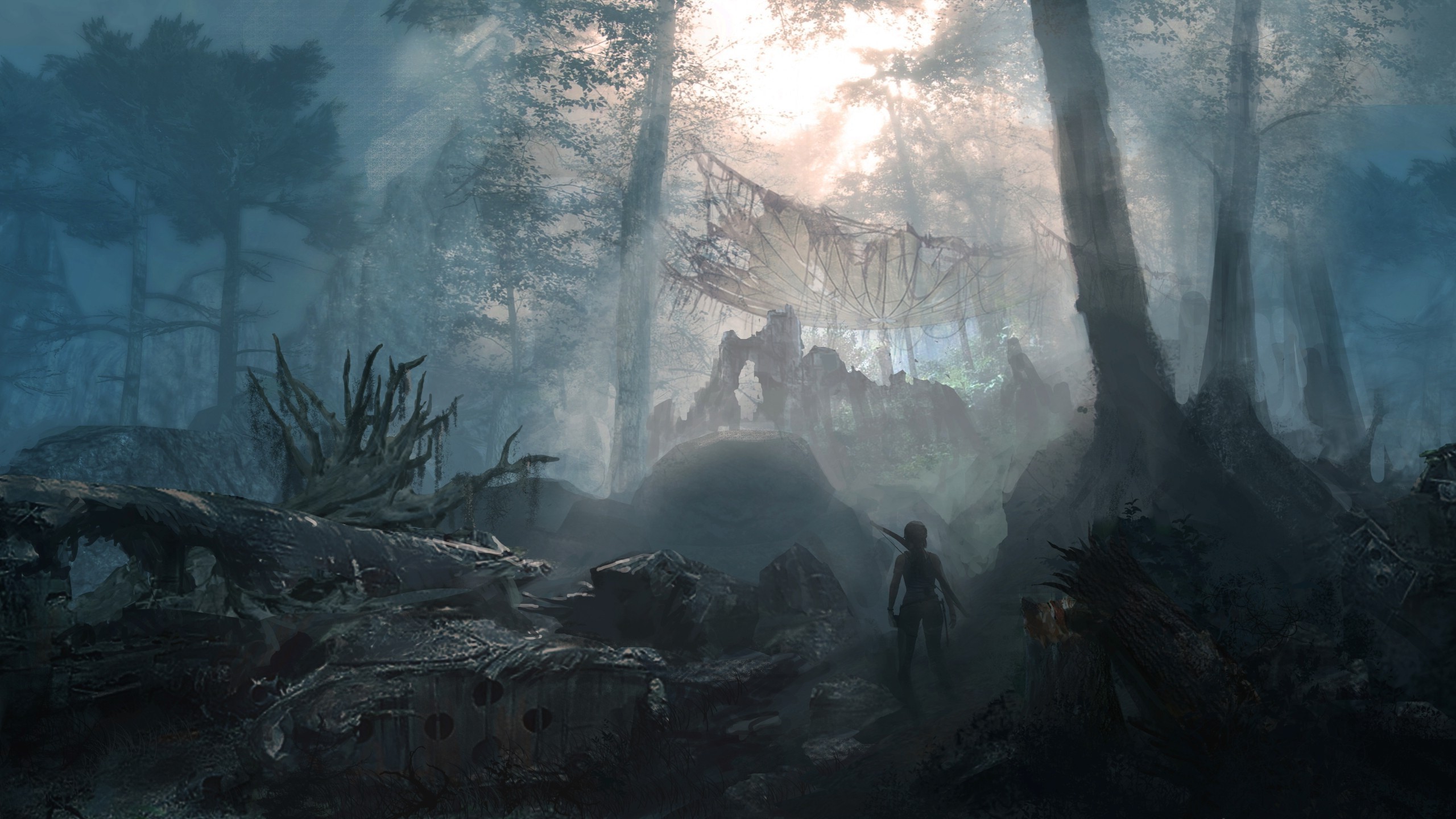 Lara Croft from Tomb Raider in a misty forest HD Wallpaper