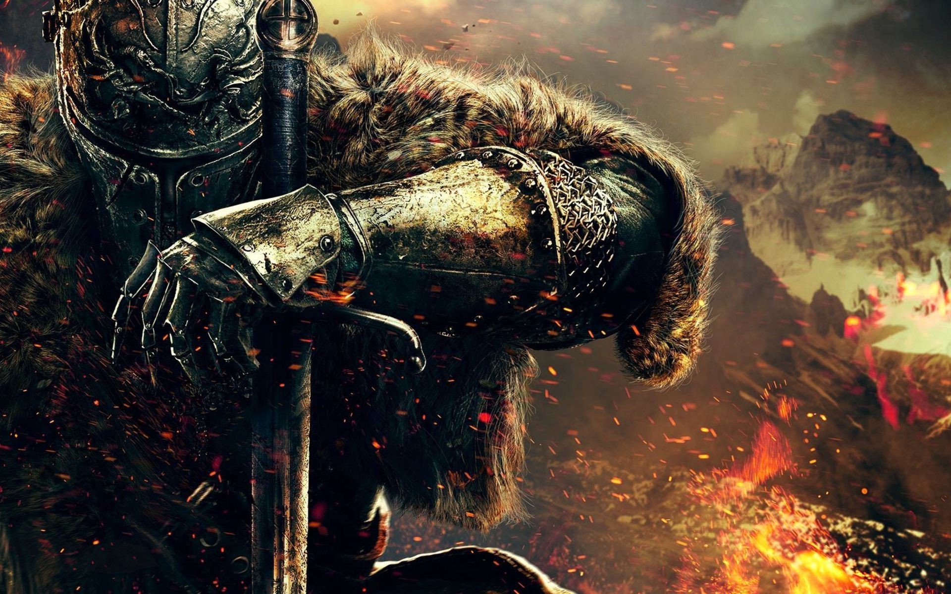 Knight with sword in fiery mountain landscape HD Wallpaper