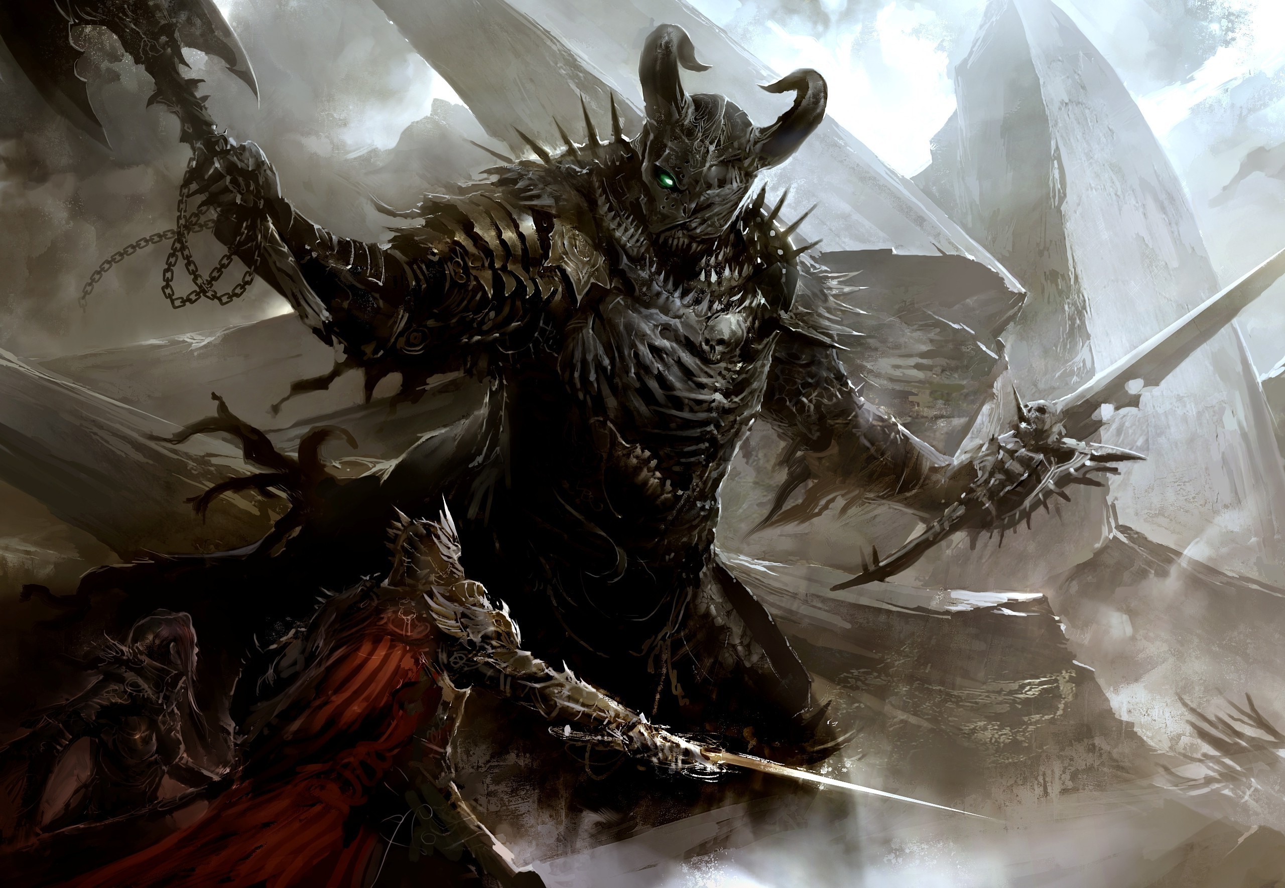 Giant demon warrior with axe and sword fighting knights in Guild Wars 2 HD Wallpaper