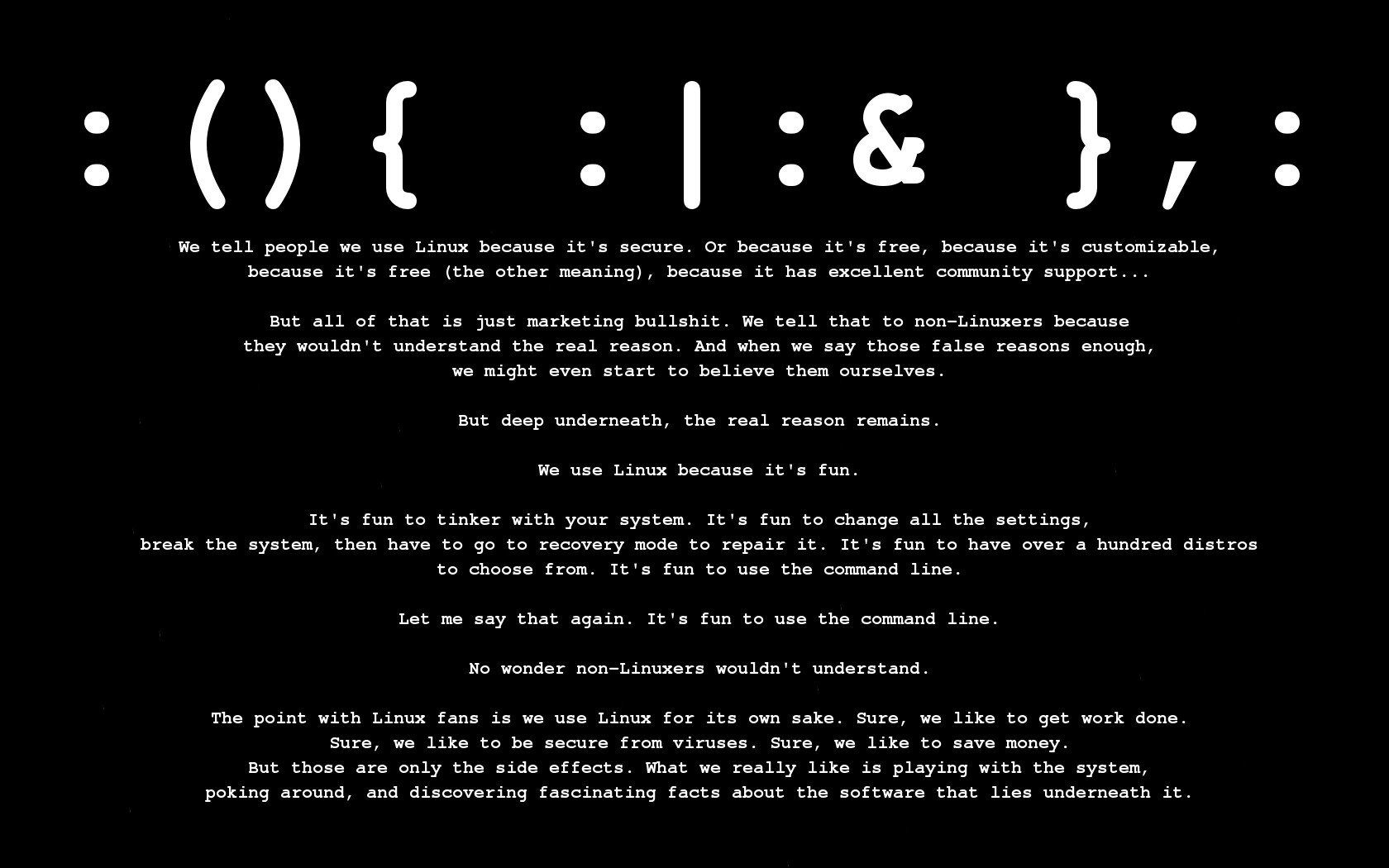 Linux forkbomb quote with command lines HD Wallpaper