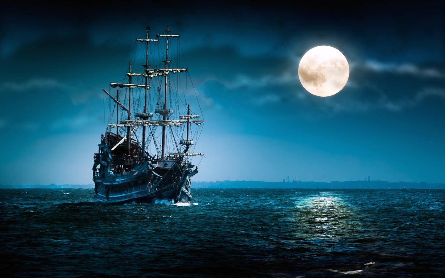 Pirate ship sailing under a full moon HD Wallpaper