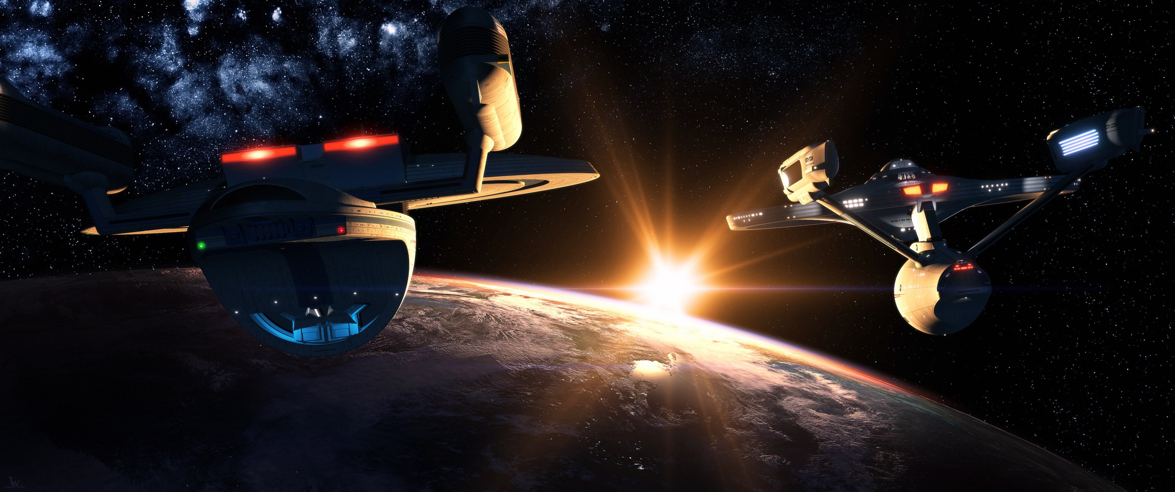 Star Trek ships over Earth with sun flare HD Wallpaper