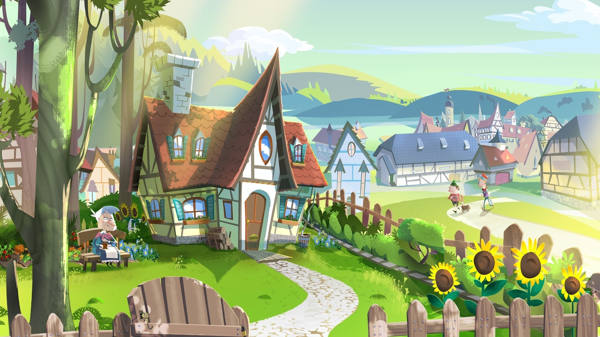 Fairy tale village with old woman and sunflowers HD Wallpaper
