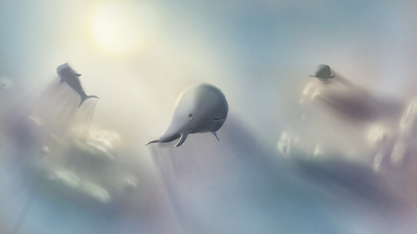 Whales and a hat flying in the sky HD Wallpaper