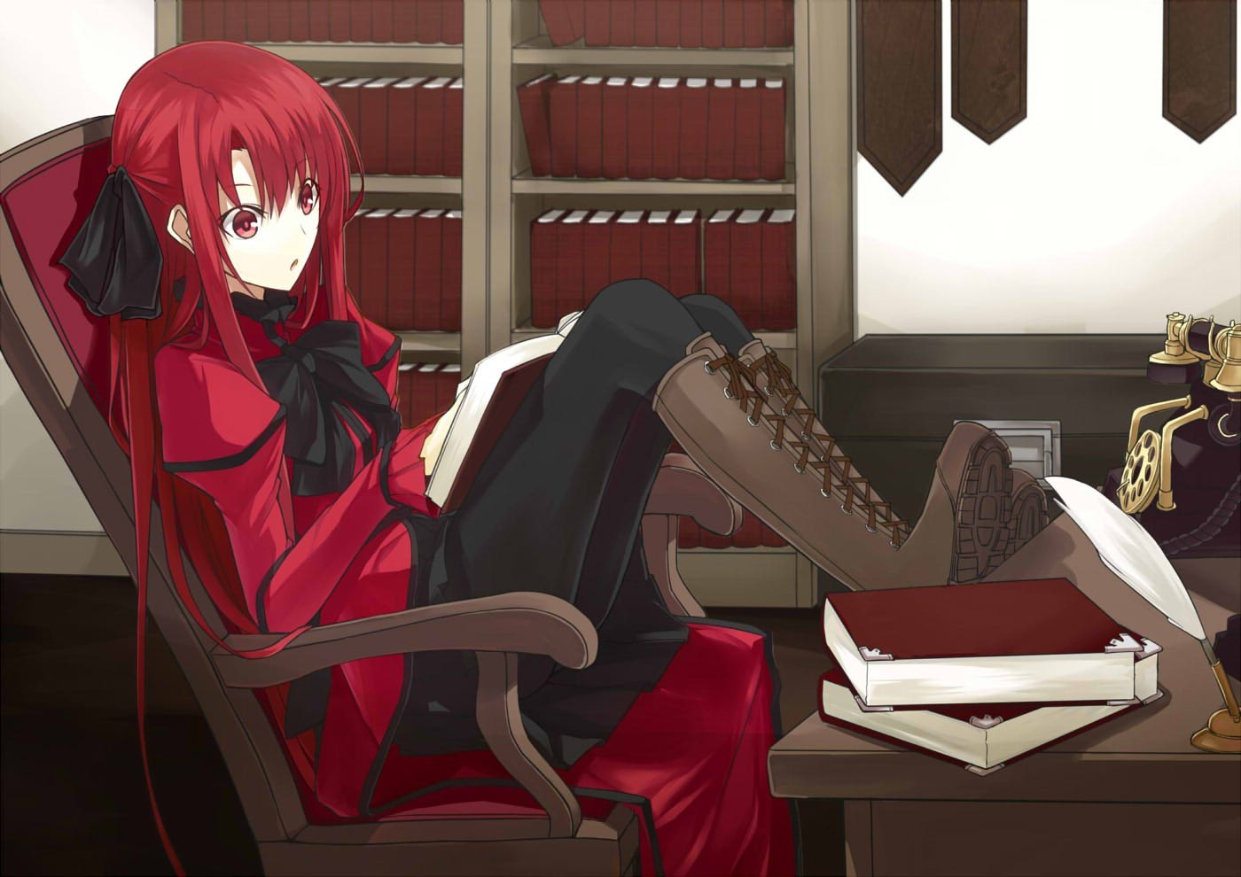 Redhead girl reading in a library HD Wallpaper