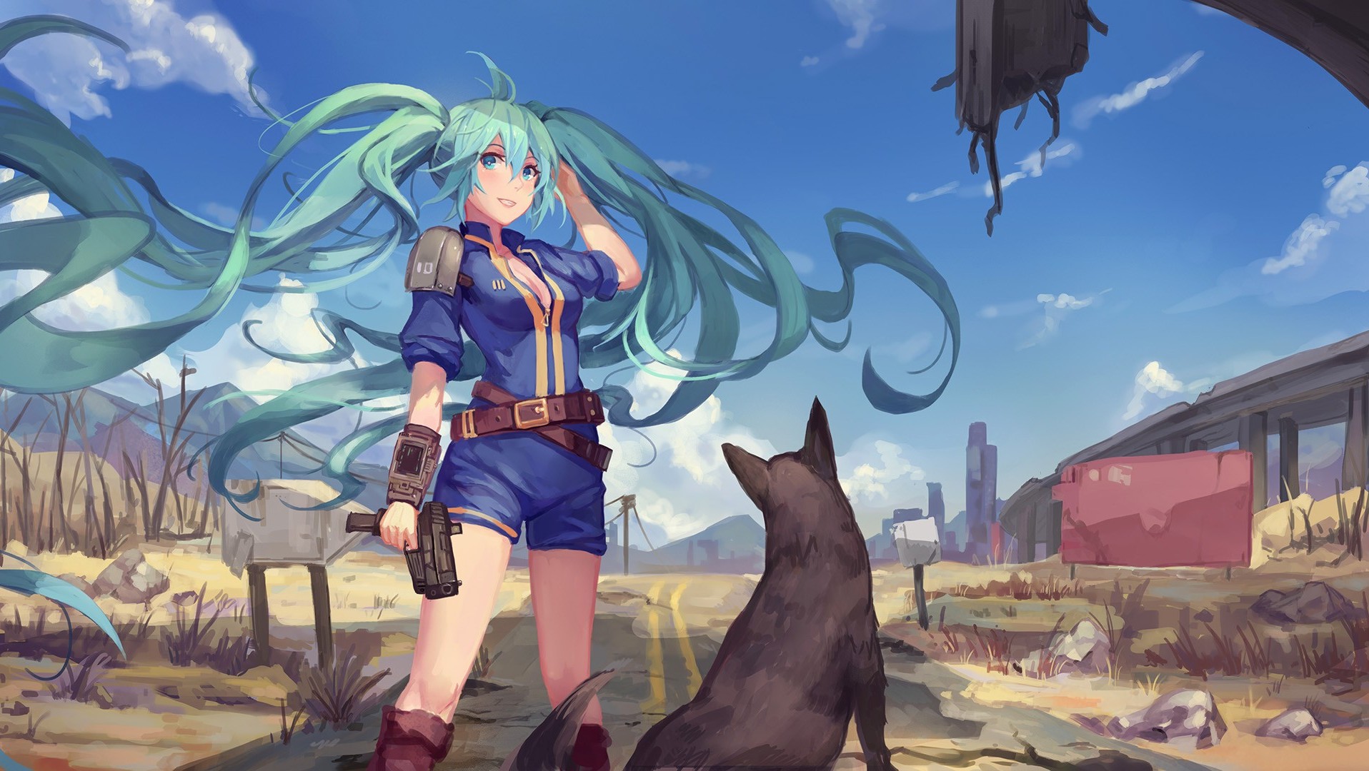 Hatsune Miku from Fallout 4 with a dog HD Wallpaper