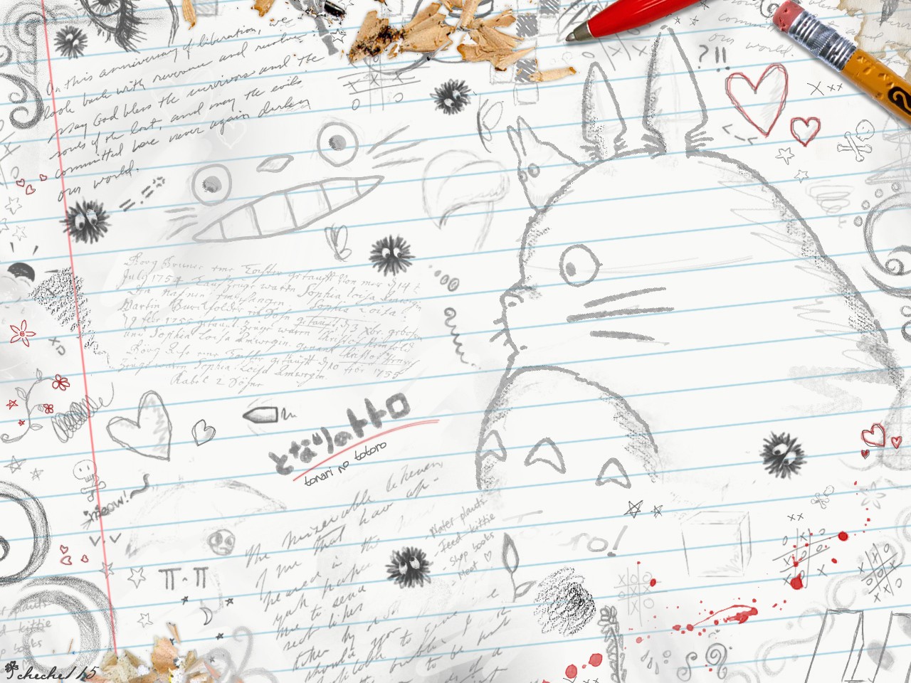 My Neighbor Totoro doodles on a notebook page HD Wallpaper