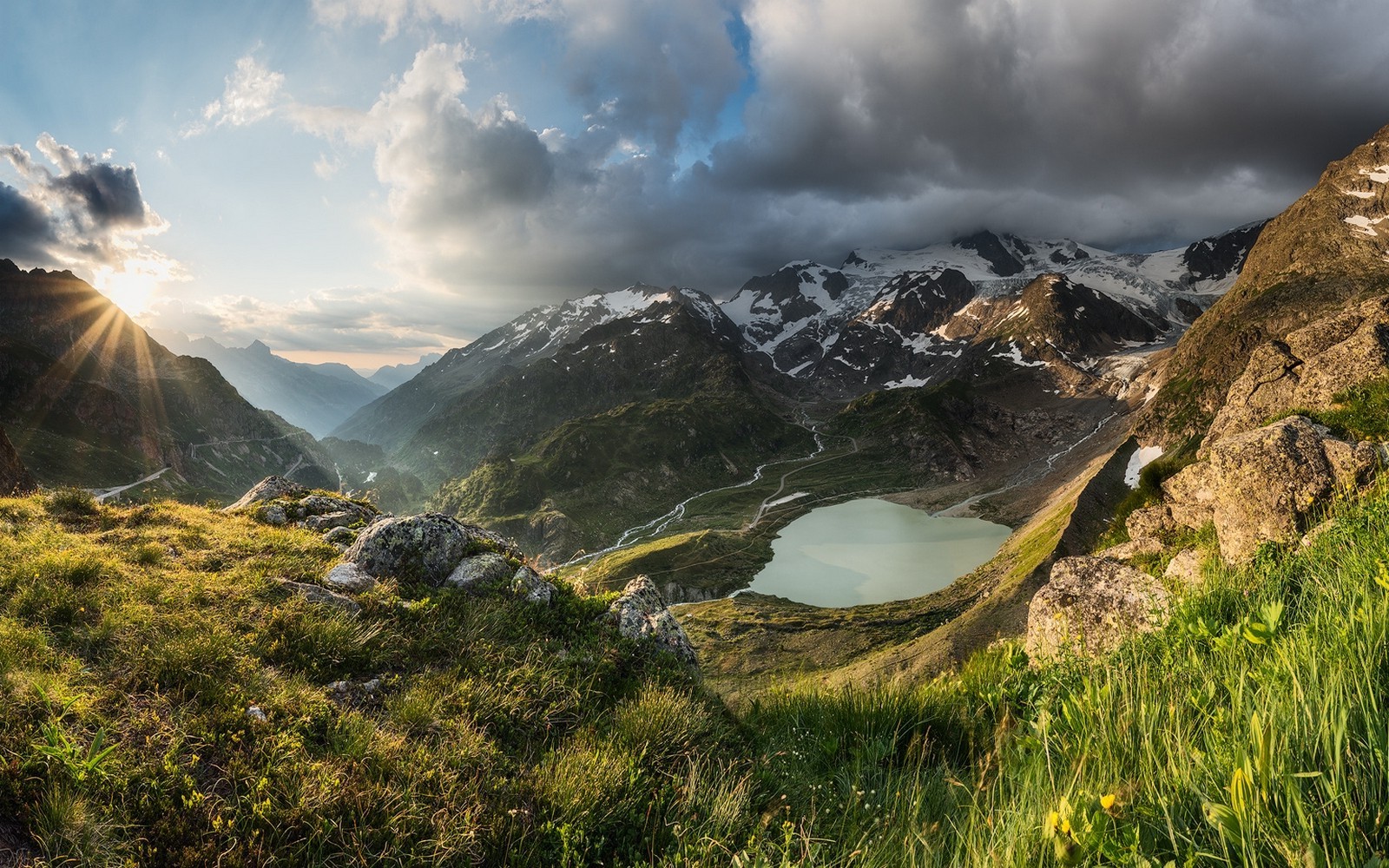 Sunset over a mountain lake in the Alps, Switzerland HD Wallpaper