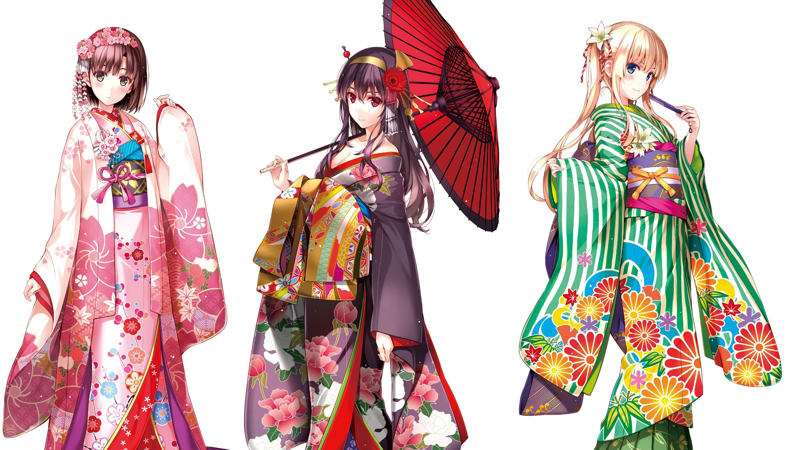 Three anime girls in kimonos HD Wallpaper