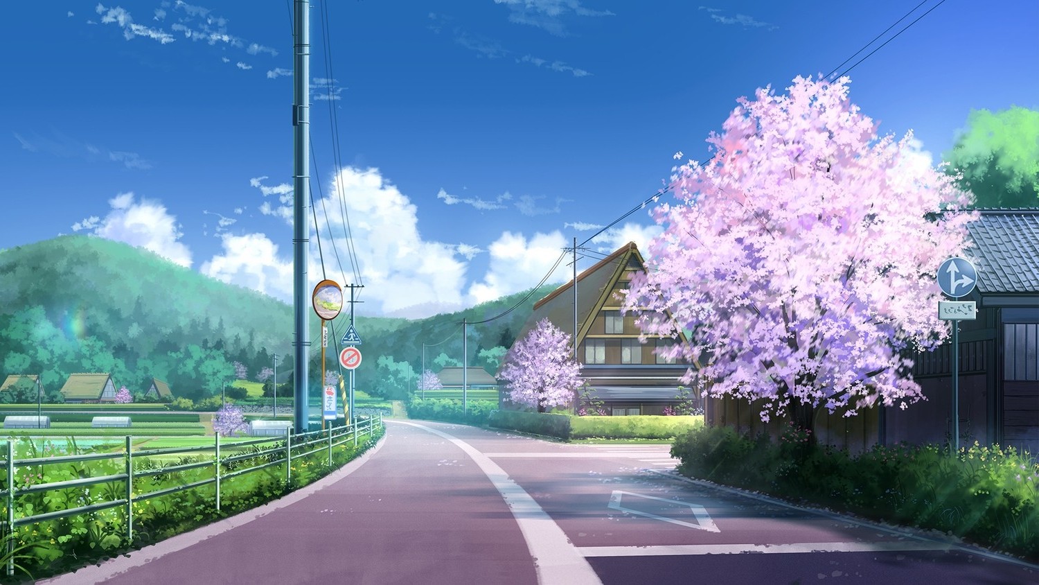Anime village road with cherry blossoms and mountains HD Wallpaper