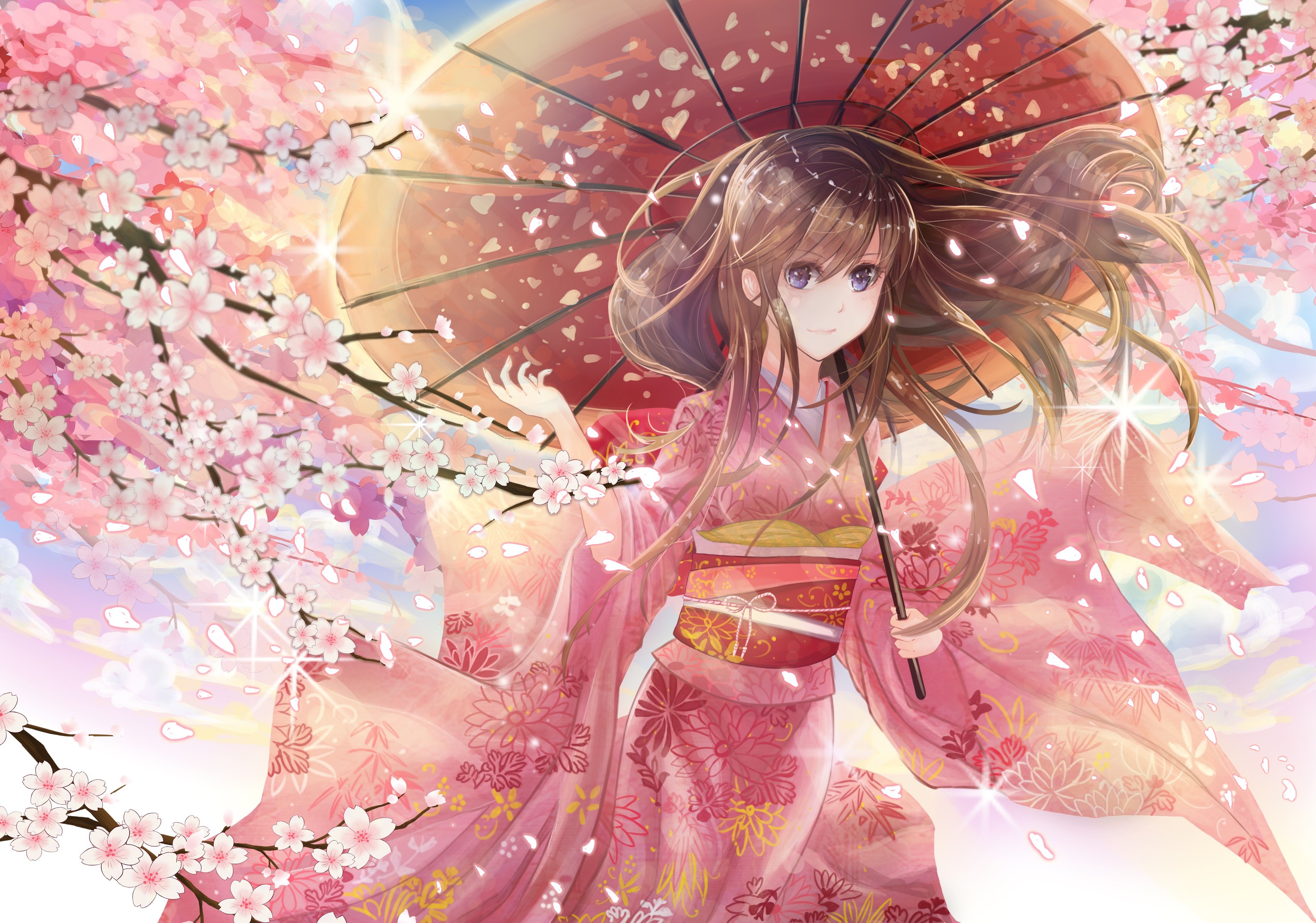 Girl in Kimono with Umbrella and Cherry Blossoms HD Wallpaper