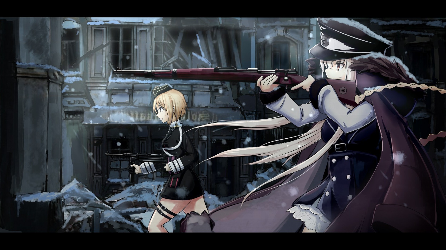 Anime girls with guns in a war-torn city HD Wallpaper