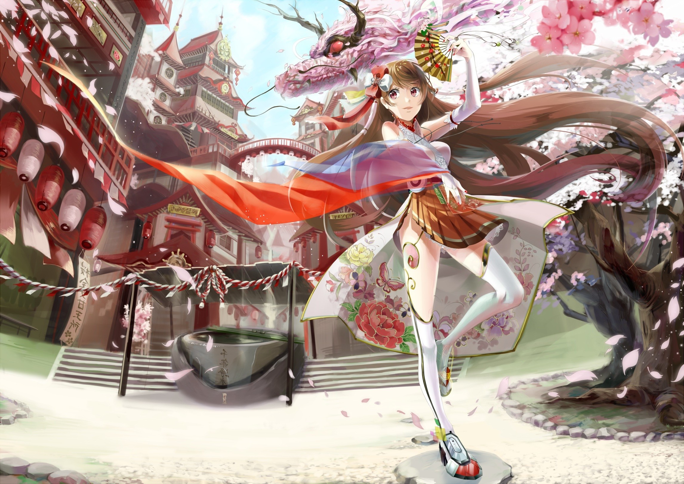 Anime girl with dragon and cherry blossoms HD Wallpaper