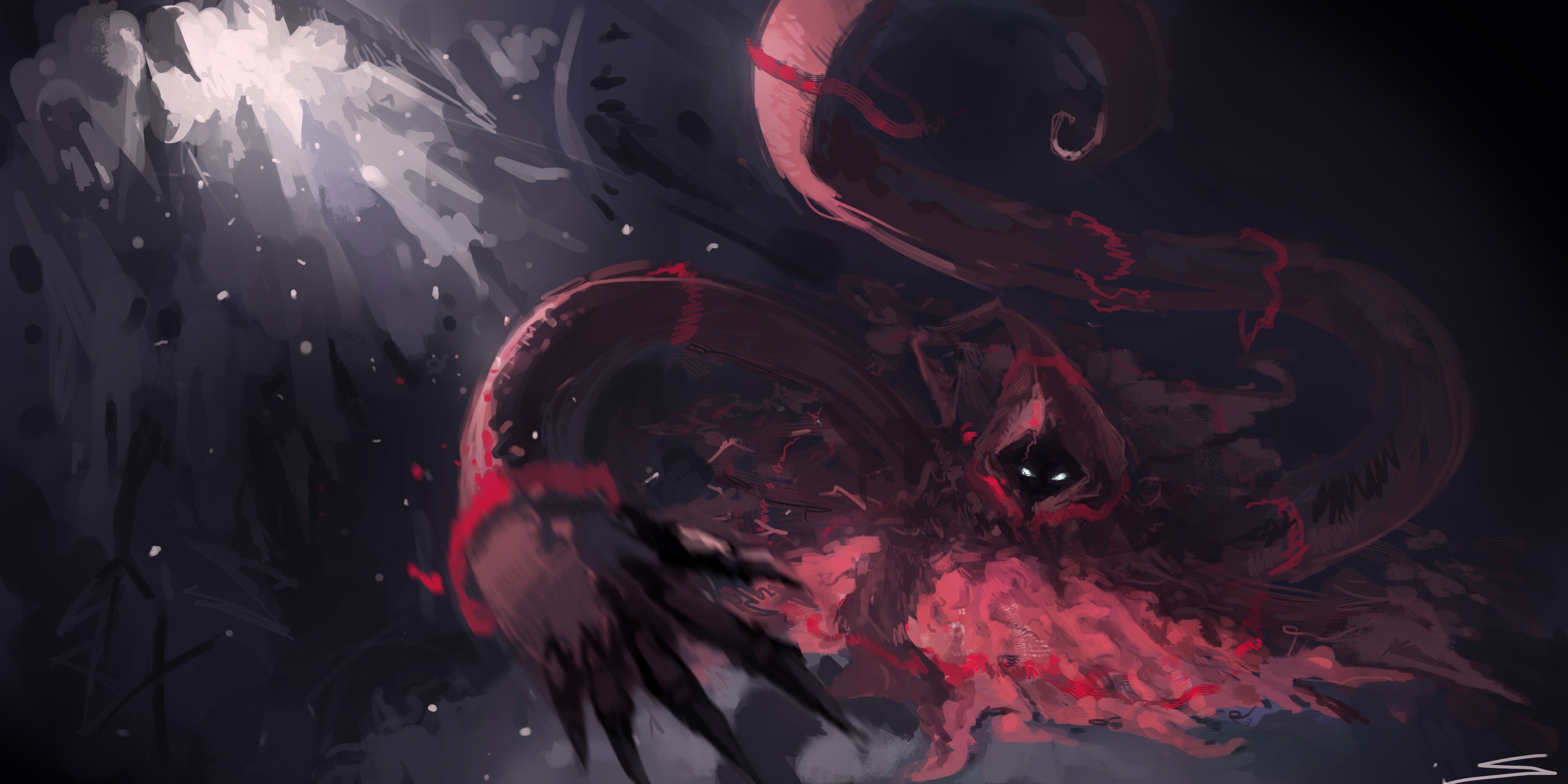 Fantasy art of a red-hooded figure with glowing eyes HD Wallpaper