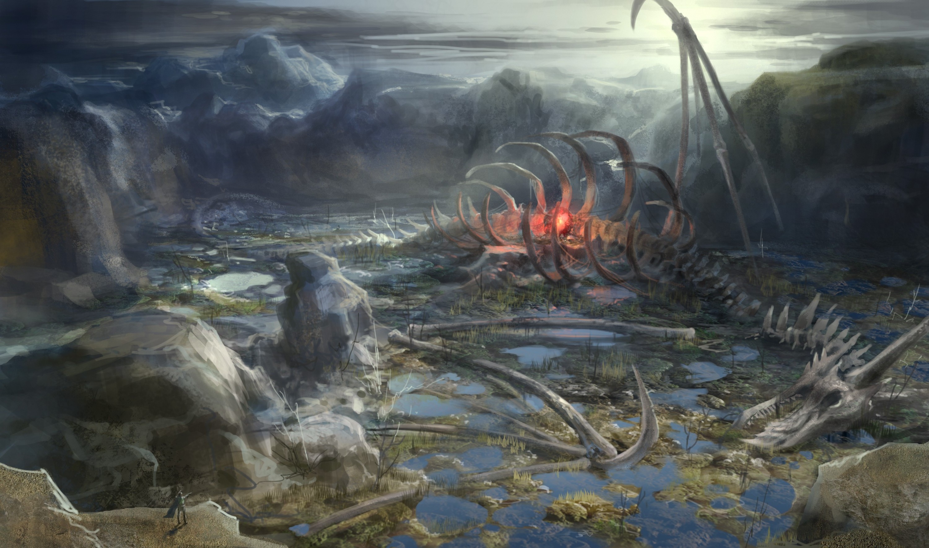 Fantasy art of dragon bones in a desolate landscape HD Wallpaper