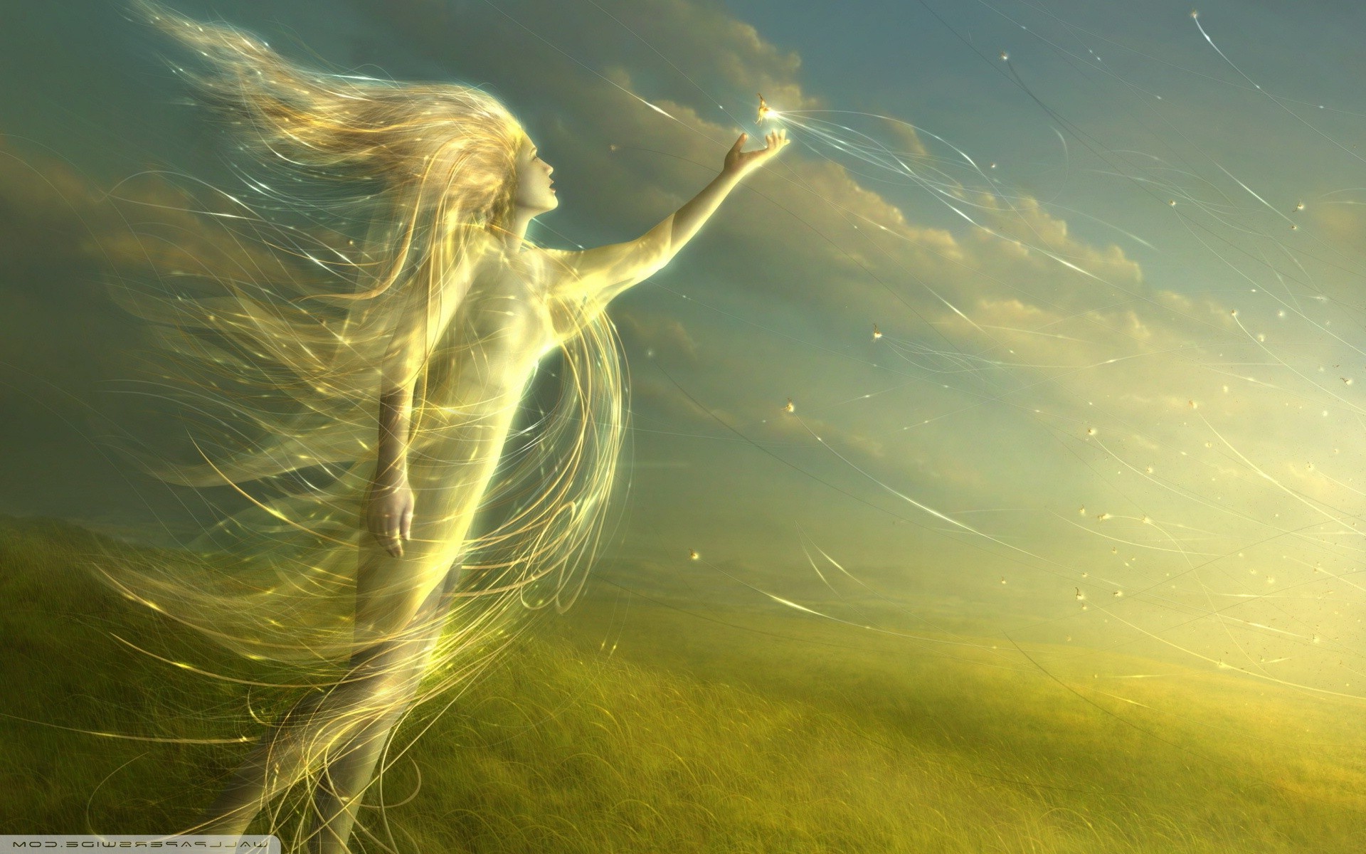Fantasy art of a golden spirit in a field HD Wallpaper