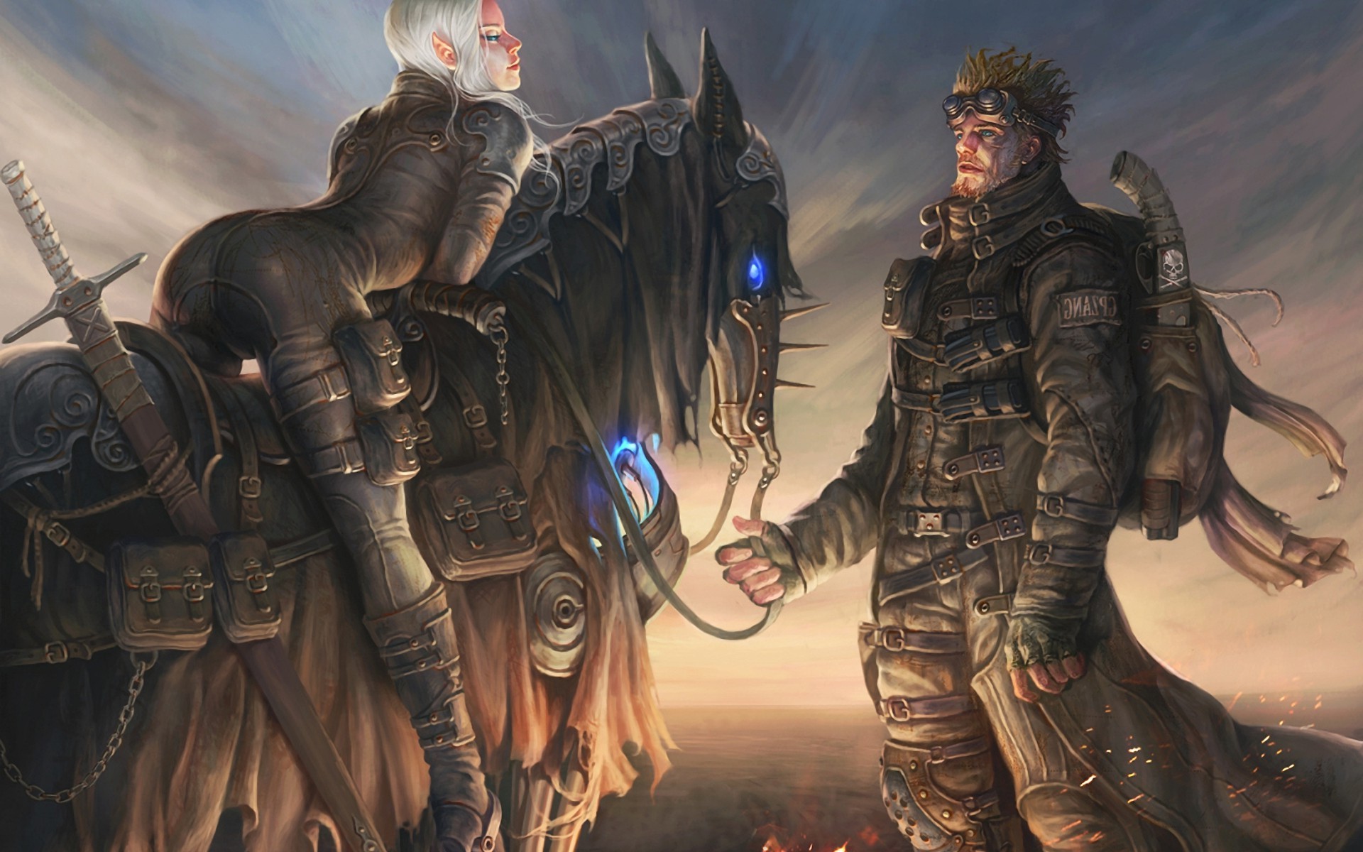 Woman on horse and man in post-apocalyptic gear HD Wallpaper