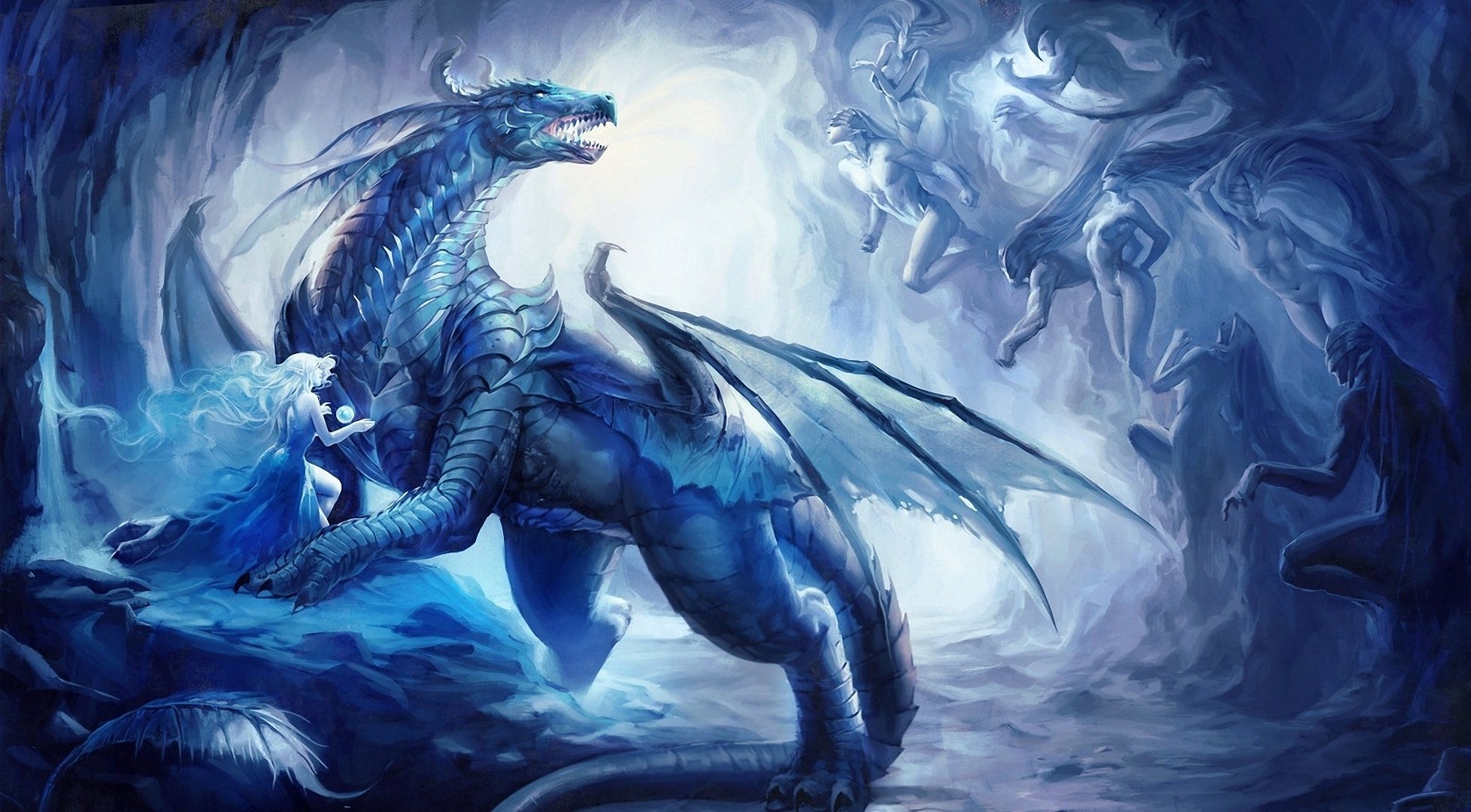 Blue dragon with ice women in a cave HD Wallpaper