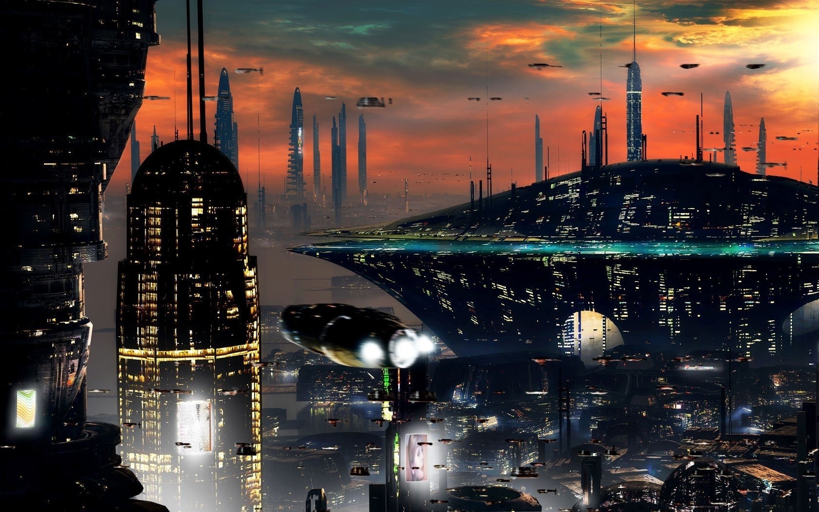 Futuristic cityscape with flying vehicles at sunset HD Wallpaper