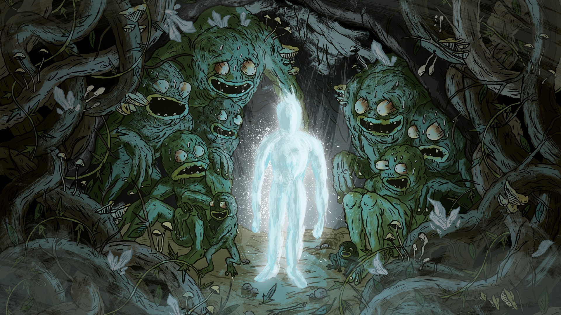 Glowing Spirit Surrounded by Forest Creatures HD Wallpaper