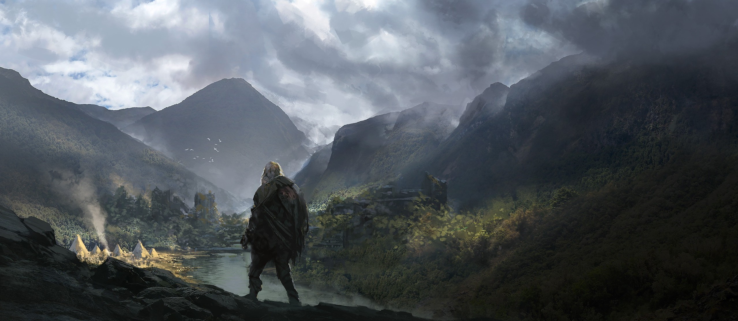 Fantasy landscape with a lone figure overlooking a village HD Wallpaper