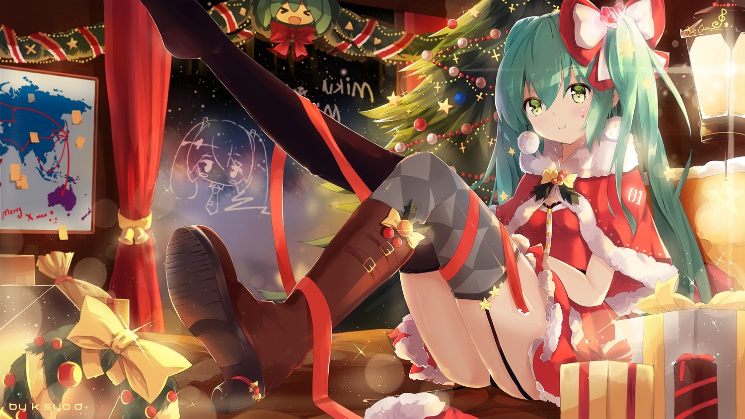Hatsune Miku from Vocaloid in Christmas Outfit HD Wallpaper