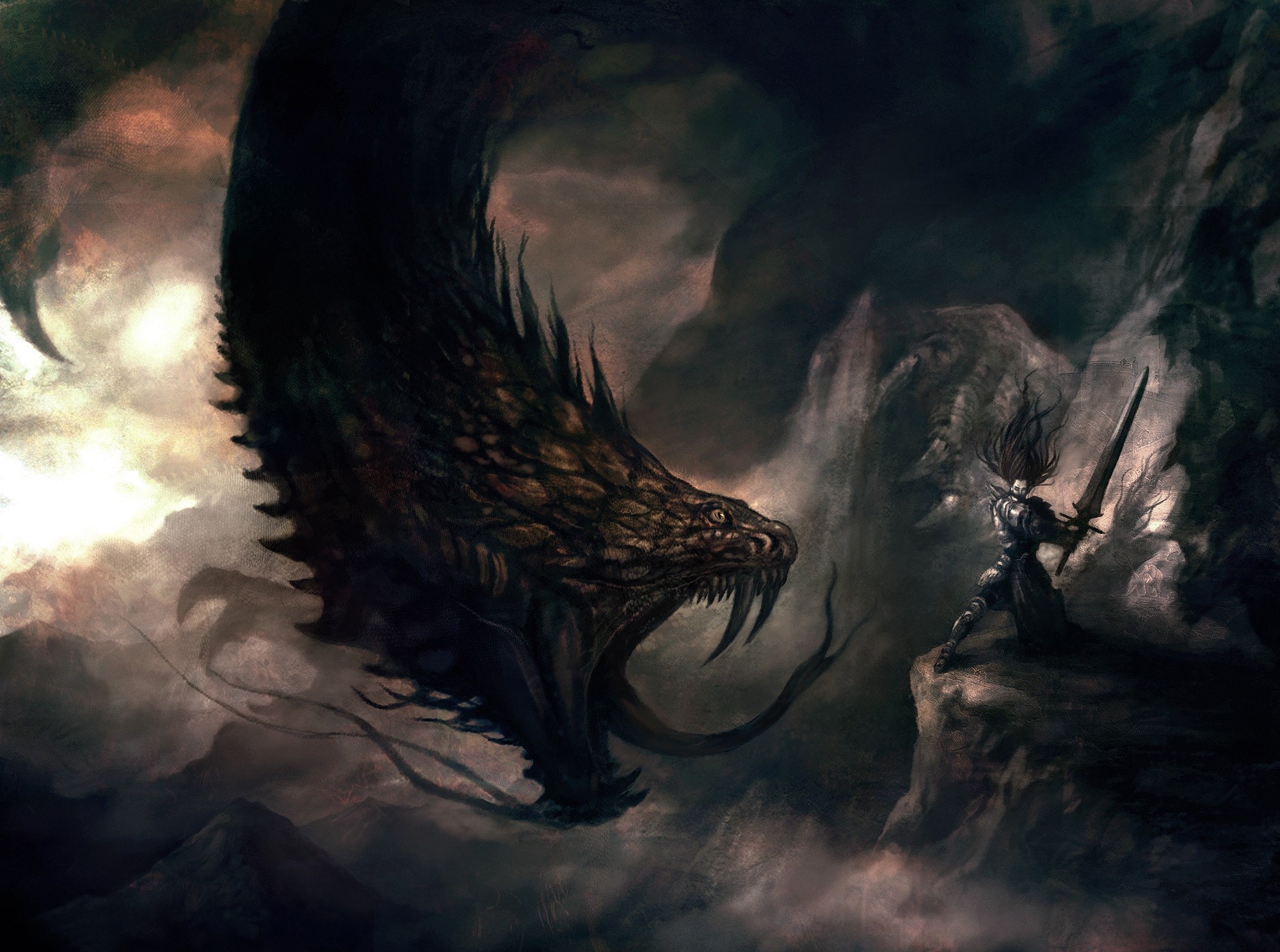 Dragon fighting a knight in a dark fantasy landscape HD Wallpaper
