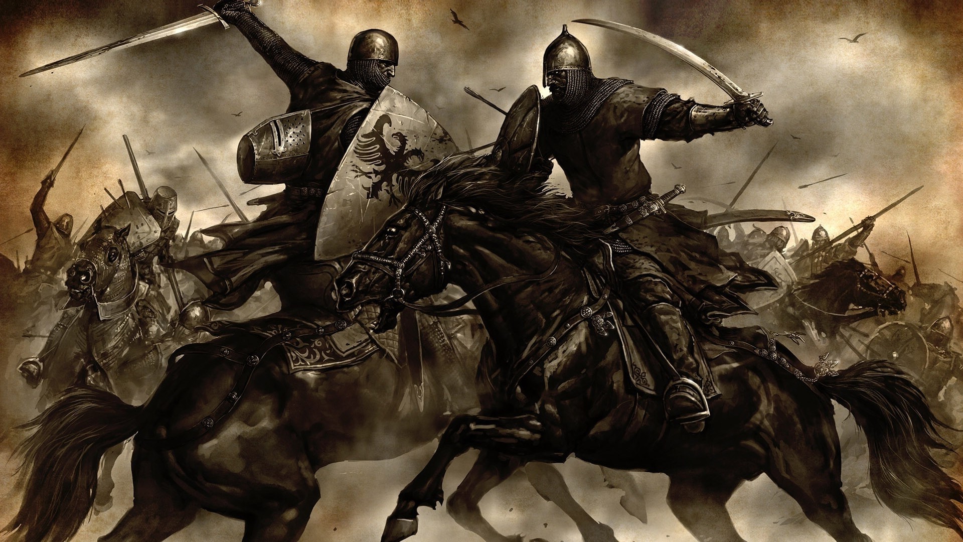 Knights on horseback in battle HD Wallpaper