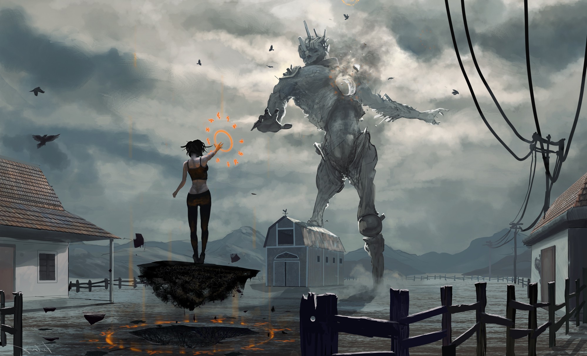 Girl casting magic at a stone colossus in a fantasy landscape HD Wallpaper