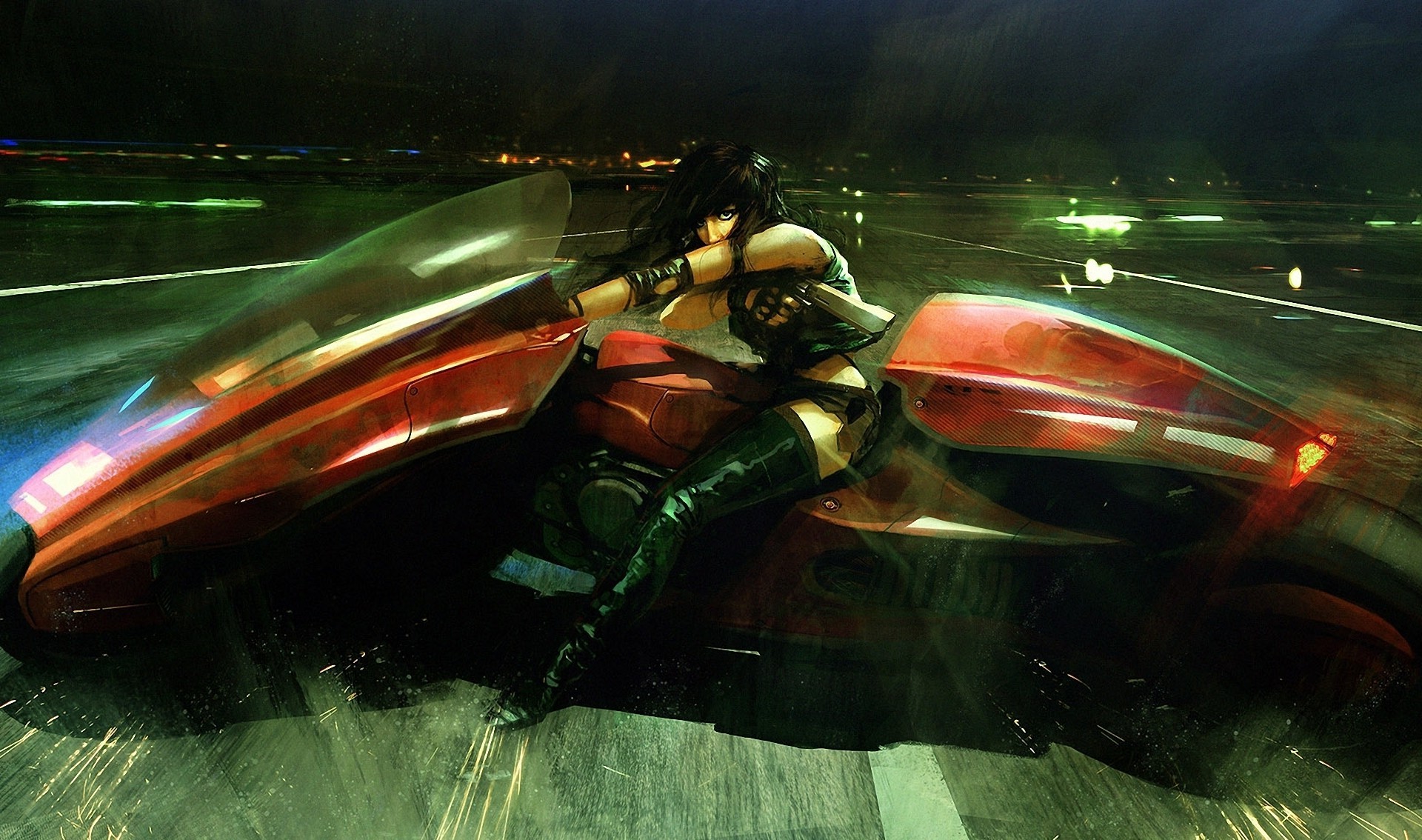 Woman on a futuristic motorcycle HD Wallpaper