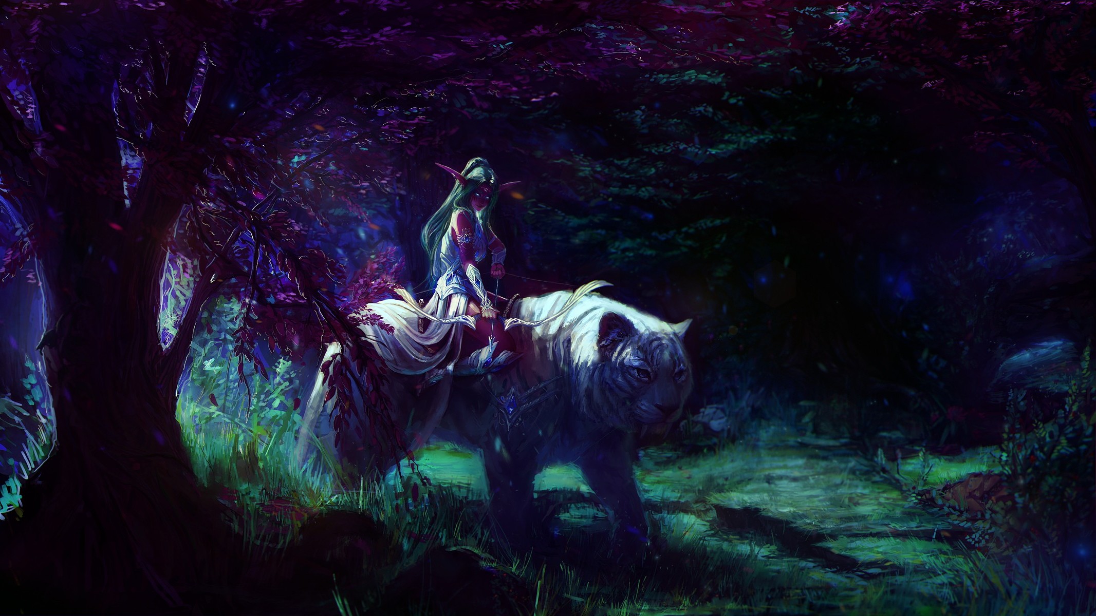 Tyrande from World of Warcraft riding a white tiger HD Wallpaper