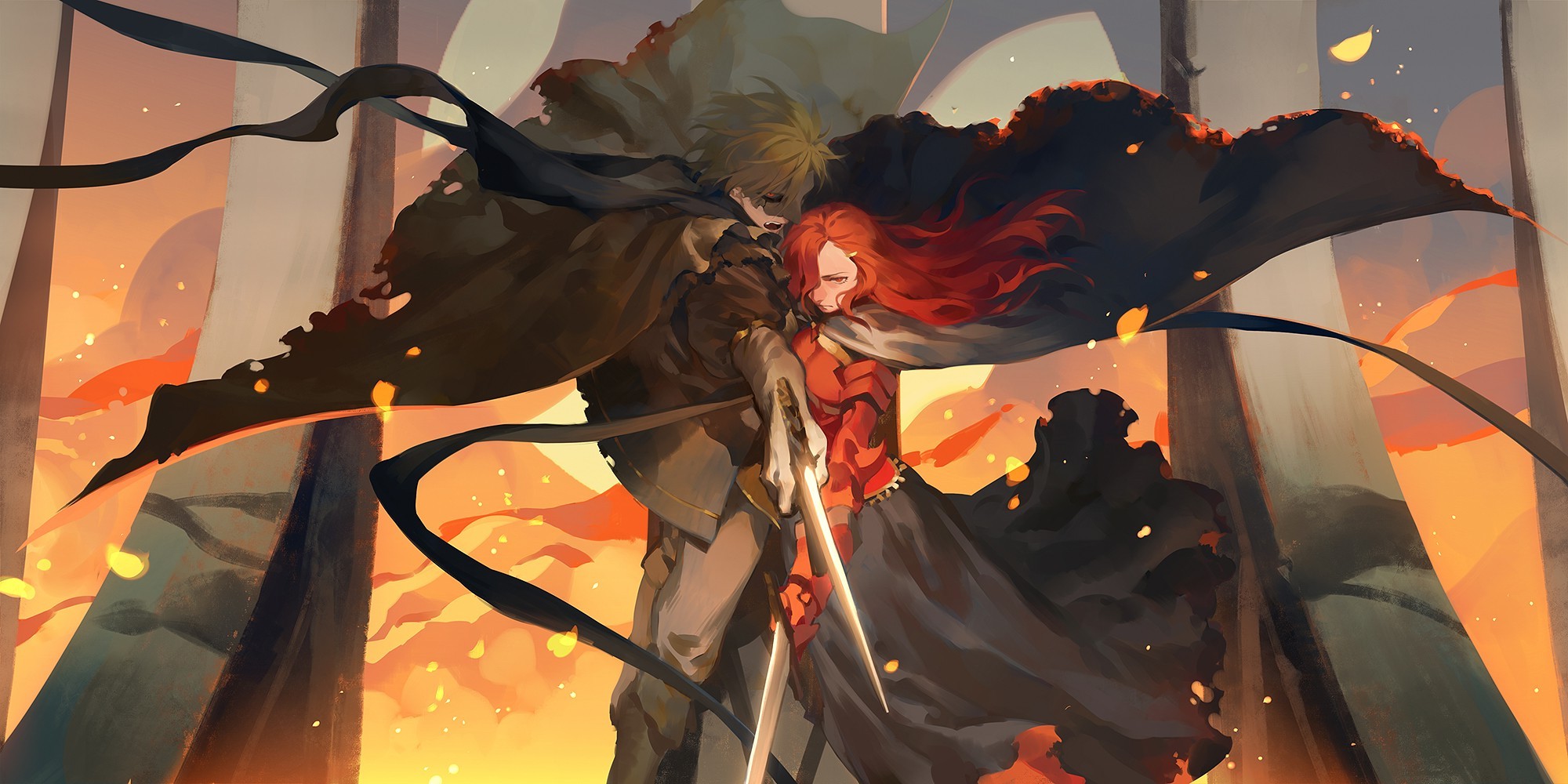 Fantasy art of a masked man embracing a redhead woman HD Wallpaper
