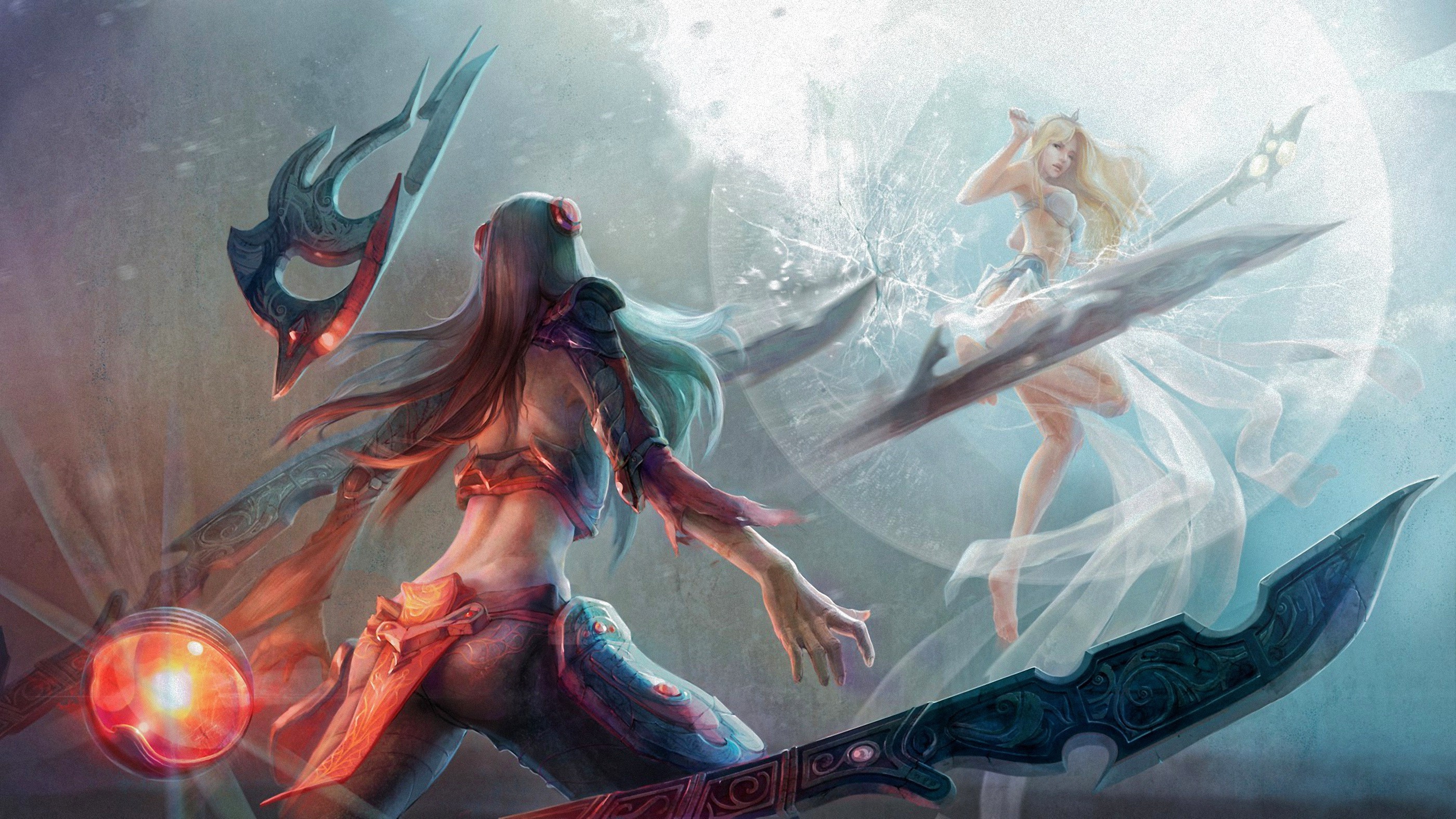 Irelia and Janna from League of Legends fighting HD Wallpaper