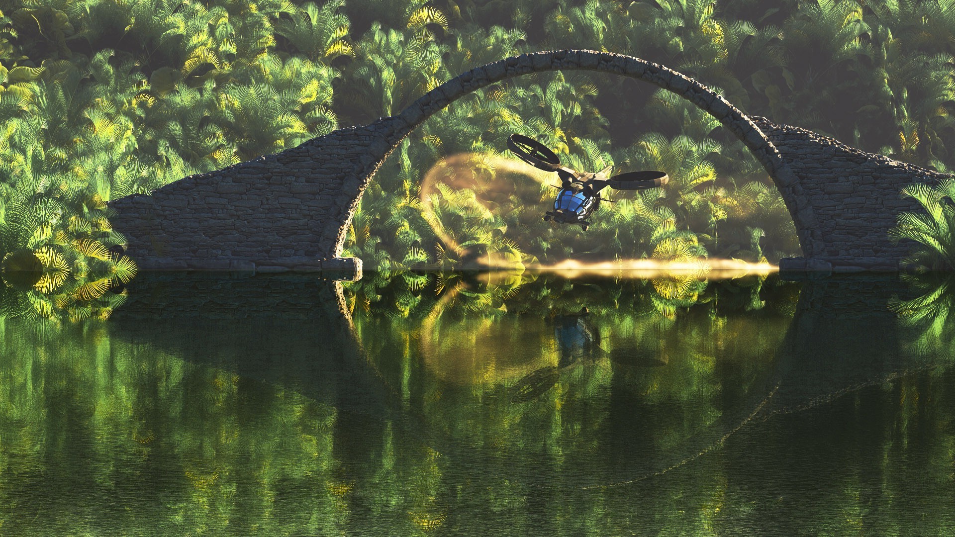 Helicopter flying through a stone bridge over water HD Wallpaper