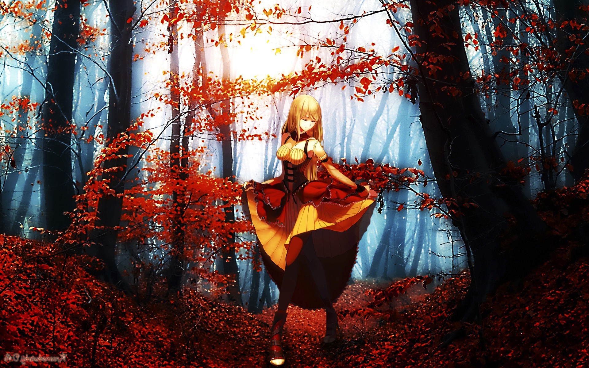 Anime girl in a red and yellow dress in a forest HD Wallpaper