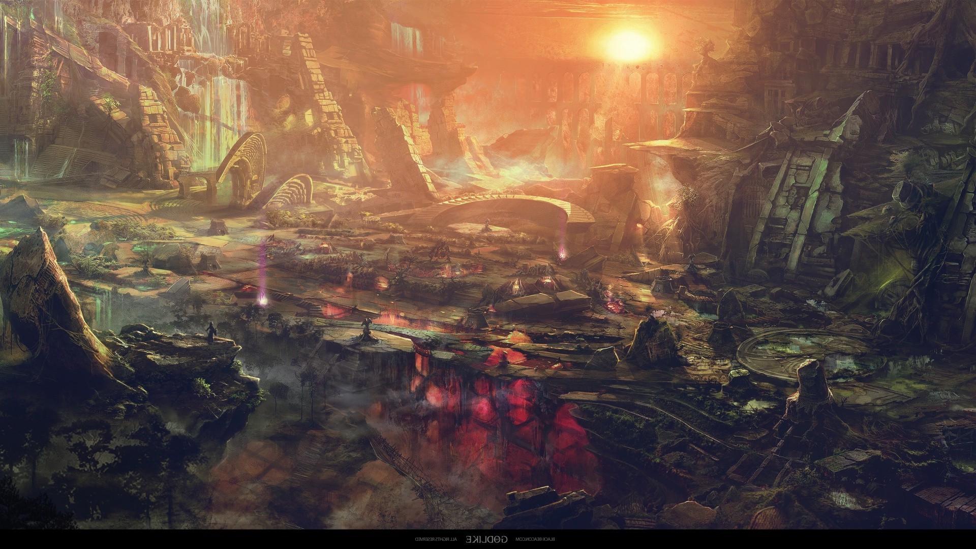 Fantasy art of ancient ruins with sun and waterfalls HD Wallpaper
