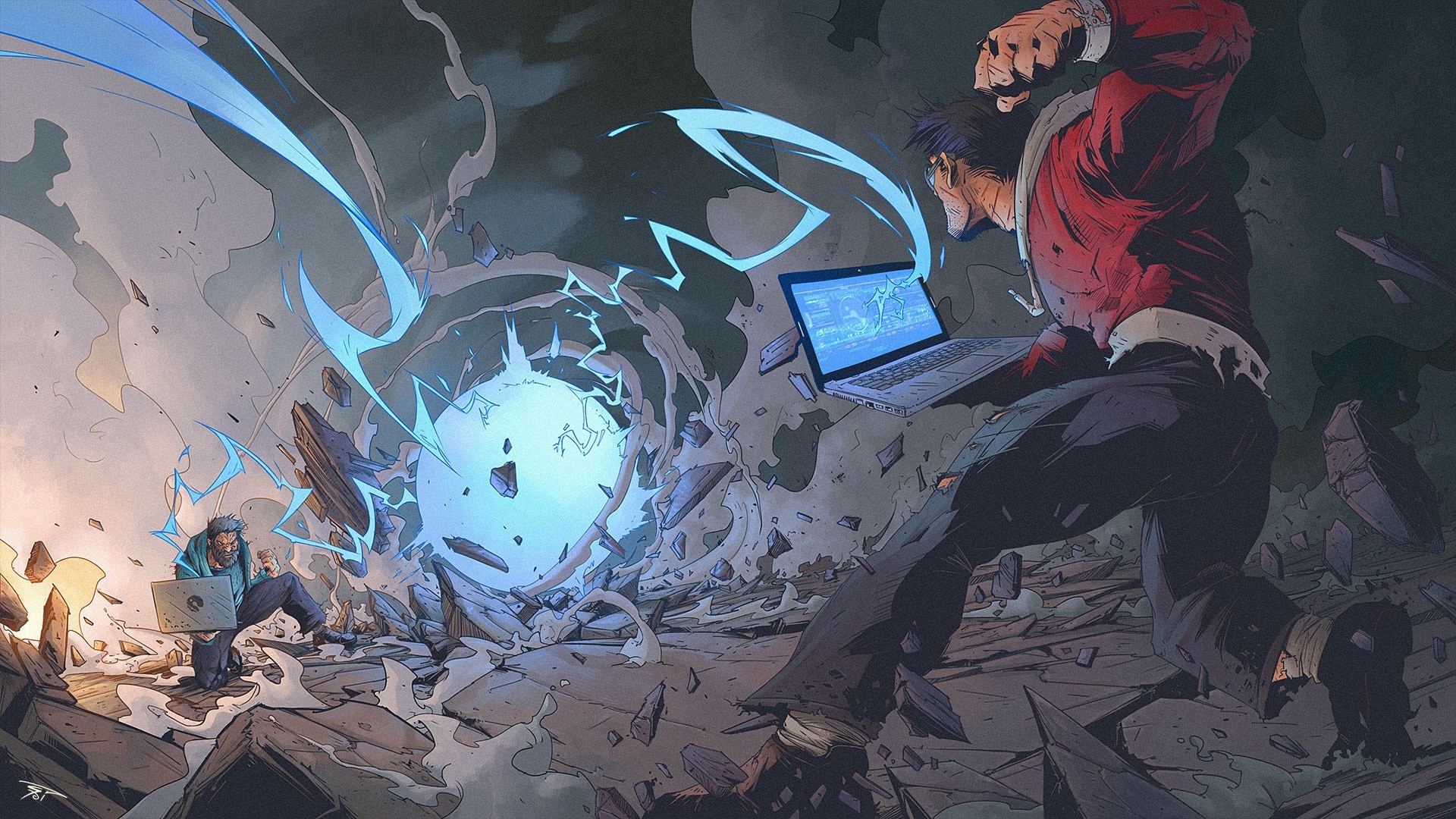 Two men with laptops in a destructive environment HD Wallpaper