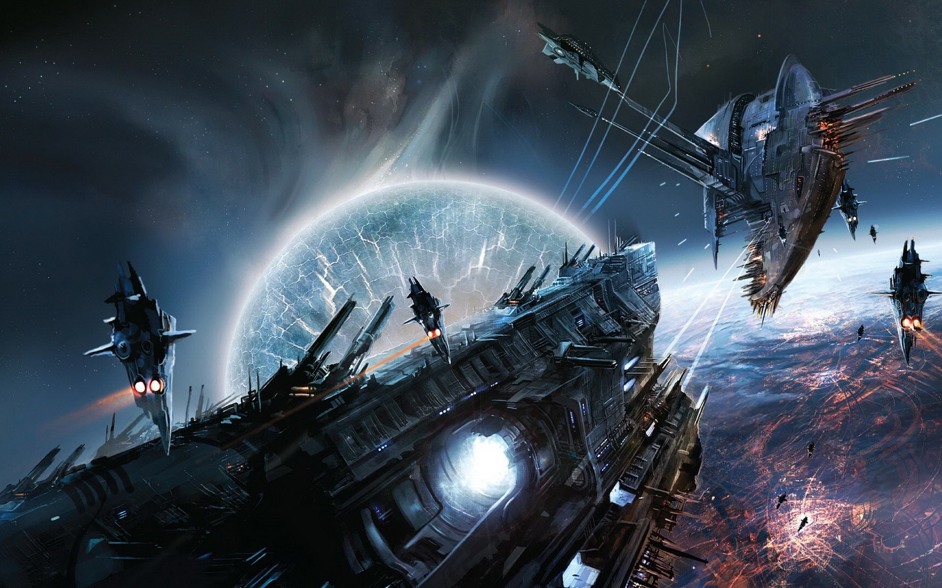 Space battle with alien warships near a cracked planet HD Wallpaper