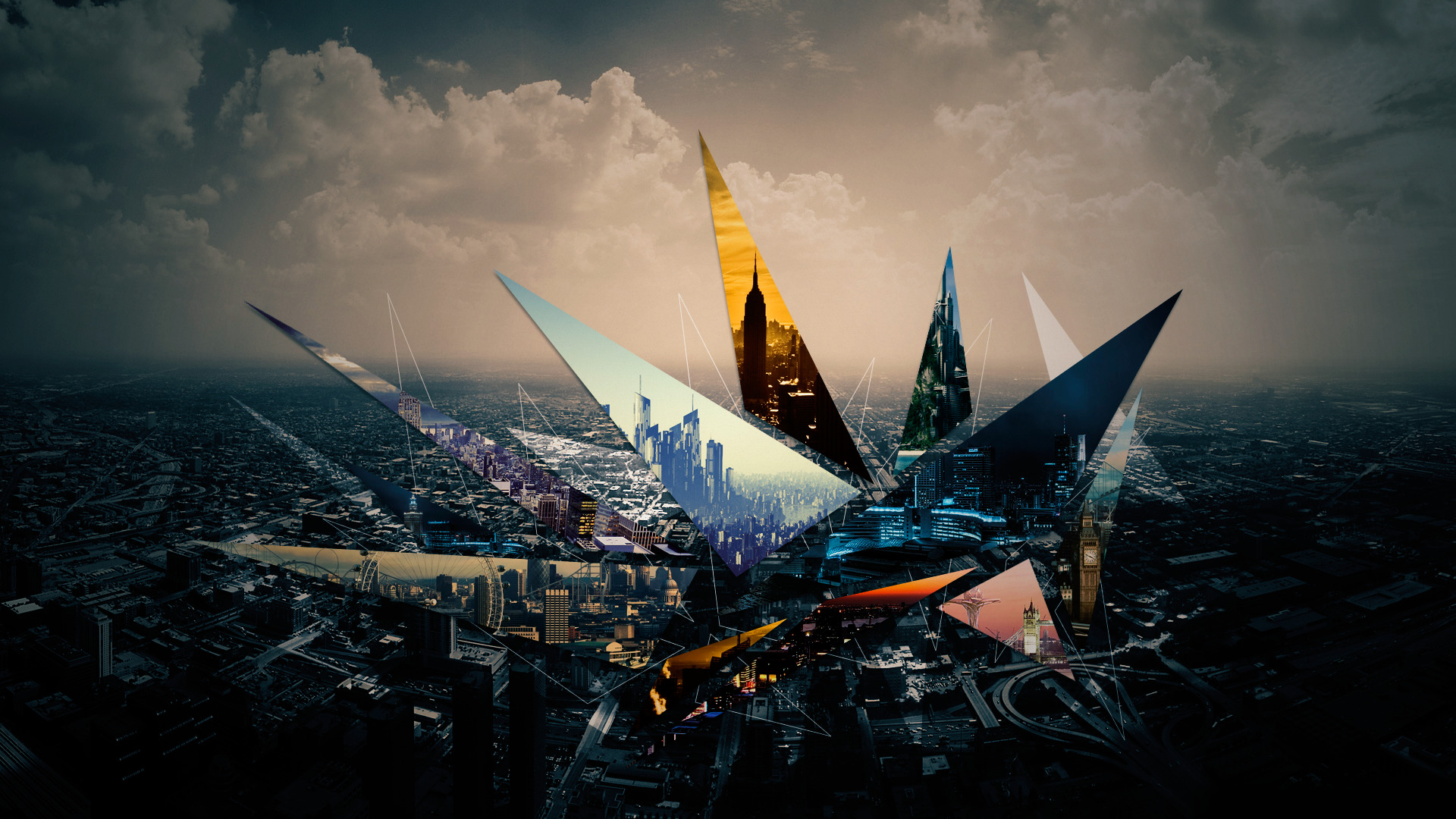 Digital art cityscape with geometric overlays of New York and London HD Wallpaper