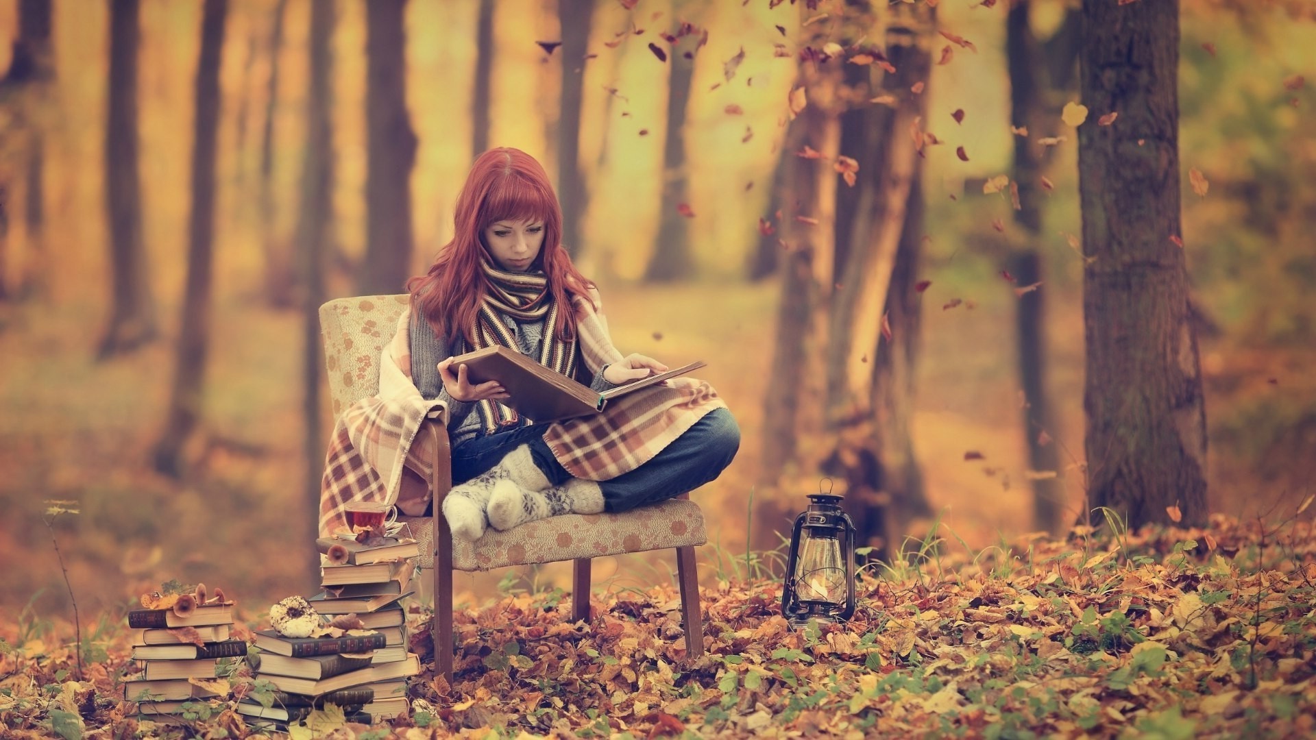 Redhead reading books in autumn forest HD Wallpaper